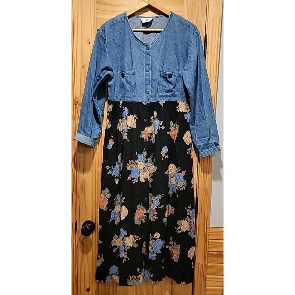 Womens Dress Denim Dark Floral Gold Button Down Country Cottage Teacher Y2K 90s